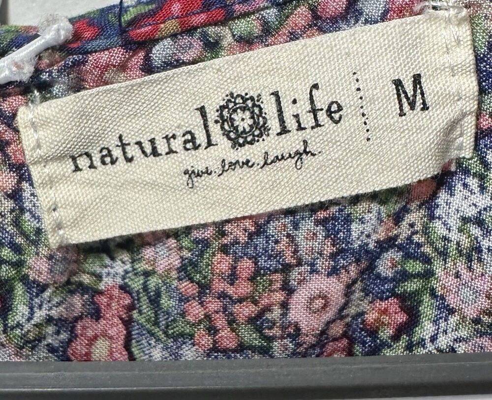 Natural Life Floral Rayon Dress Medium Navy Pink Boho Peasant 3/4 Sleeve Mini - Picture 4 of 8